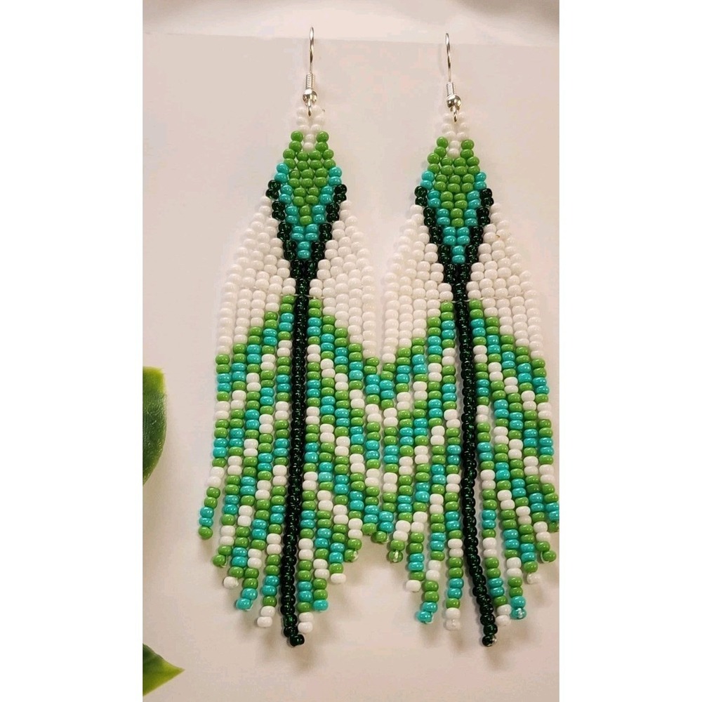 Tribal Earrings Native Zcech Glass Seed Beads Handmade Earring.  Green Color